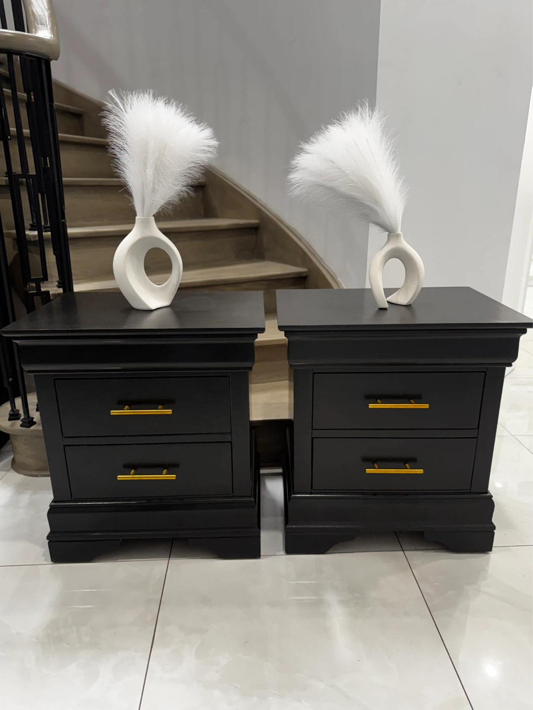 Pair of Black Nightstands with Gold Handles
