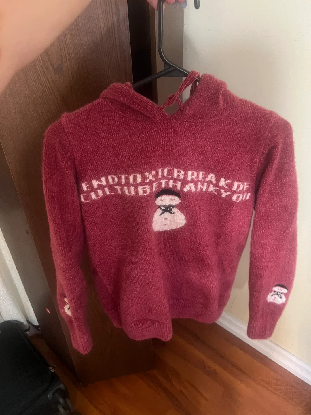 Red Knit Hoodie with Graphic Print