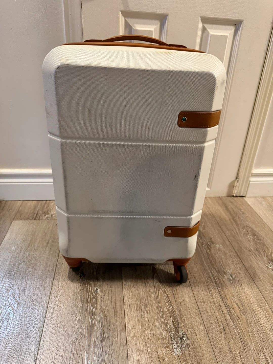 White Hardside Spinner Luggage with Brown Accents