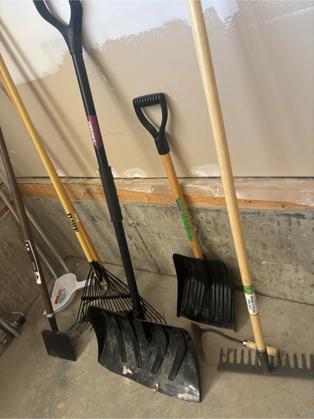 Various Garden Tools, Rakes and Snow Shovels