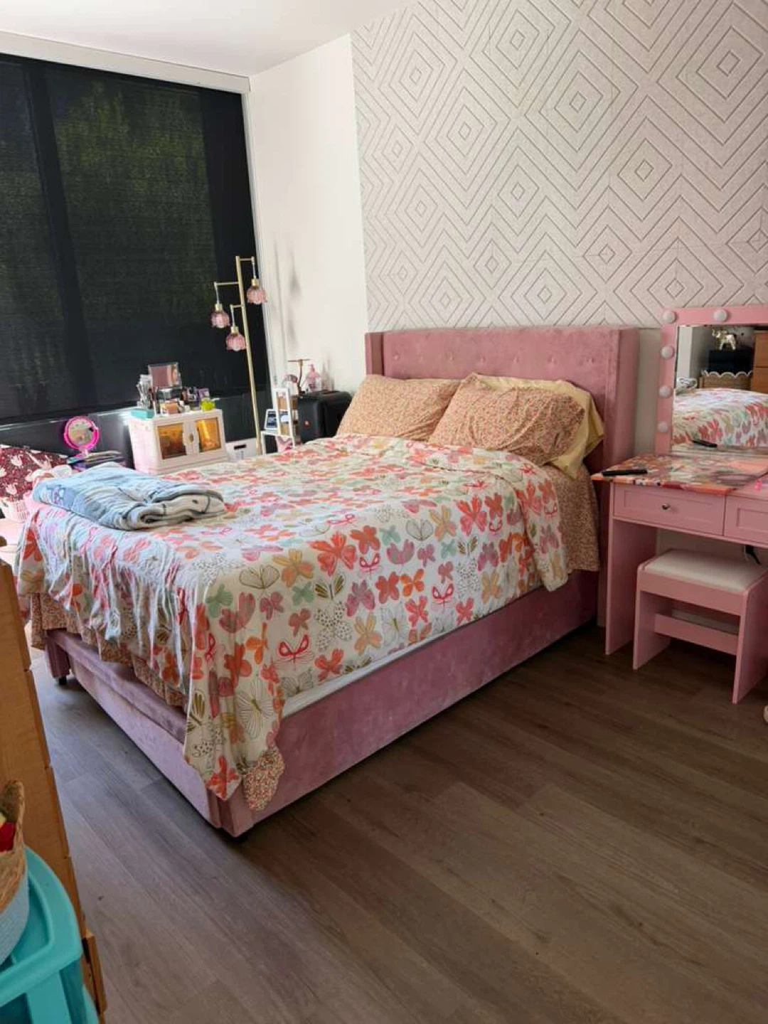 Pink Upholstered Wingback Bed Frame with Headboard