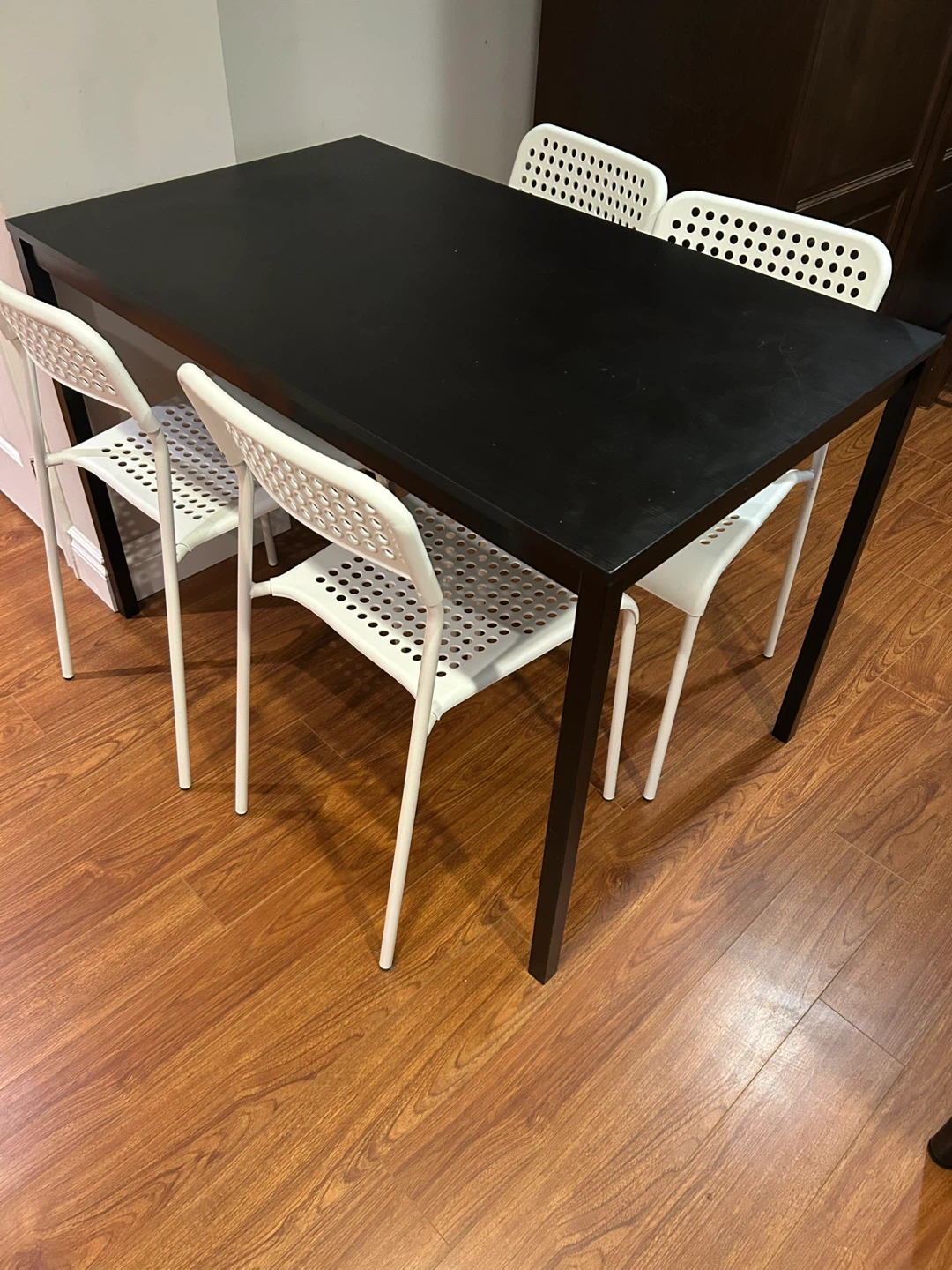 Black Dining Table with 4 White Chairs