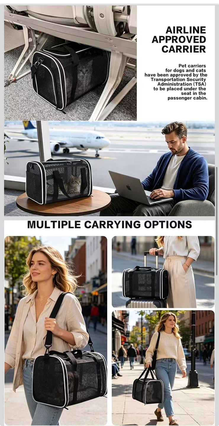Black Pet Carrier Bag - Airline Approved, Breathable Mesh - photo 3