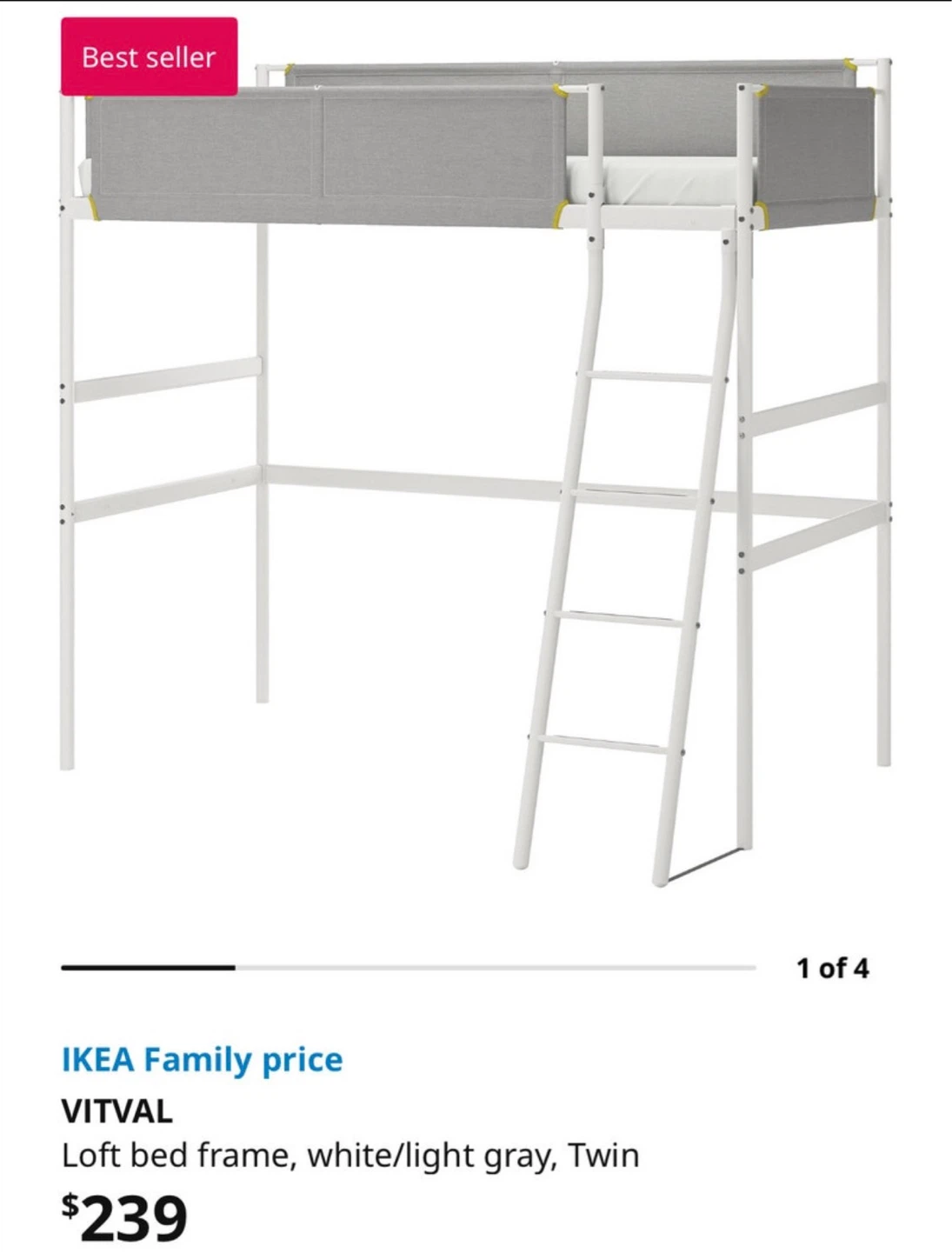 IKEA VITVAL Loft Bed Frame, White/Light Gray, Twin