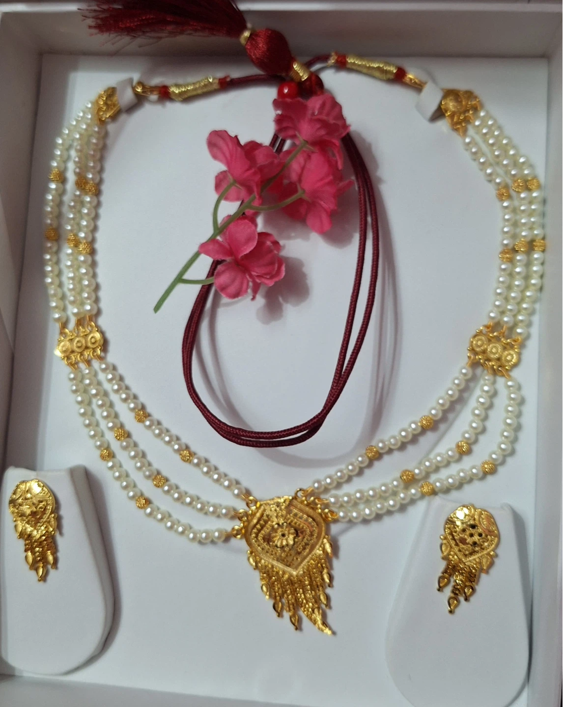 Pearl Necklace and Earring Set with Gold-Tone Pendant