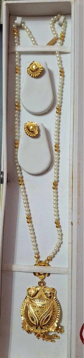Pearl necklace and earring set with gold-tone pendant