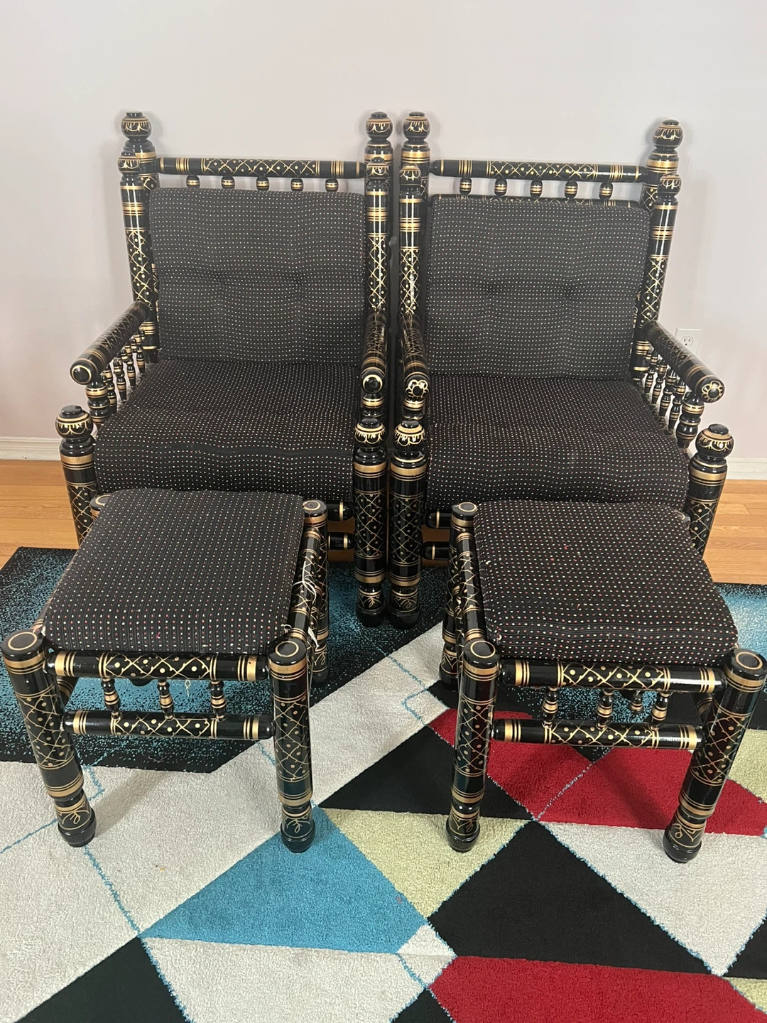 Black and Gold Sofa Set with Coffee Table and Otttomans