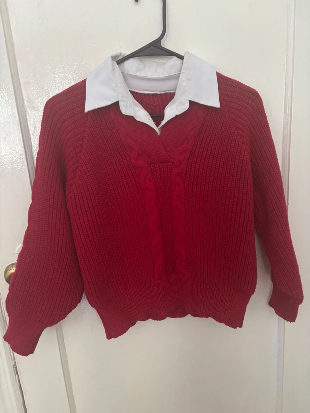 Red Cable Knit Sweater with White Collar - photo 2