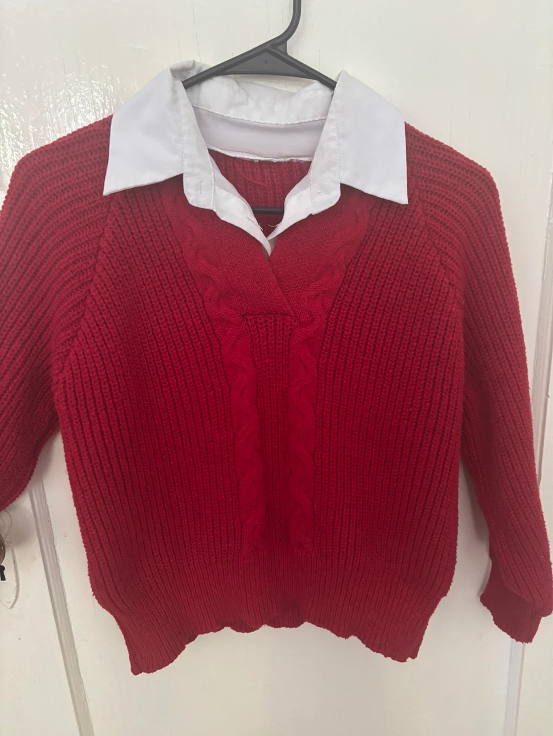 Red Cable Knit Sweater with White Collar