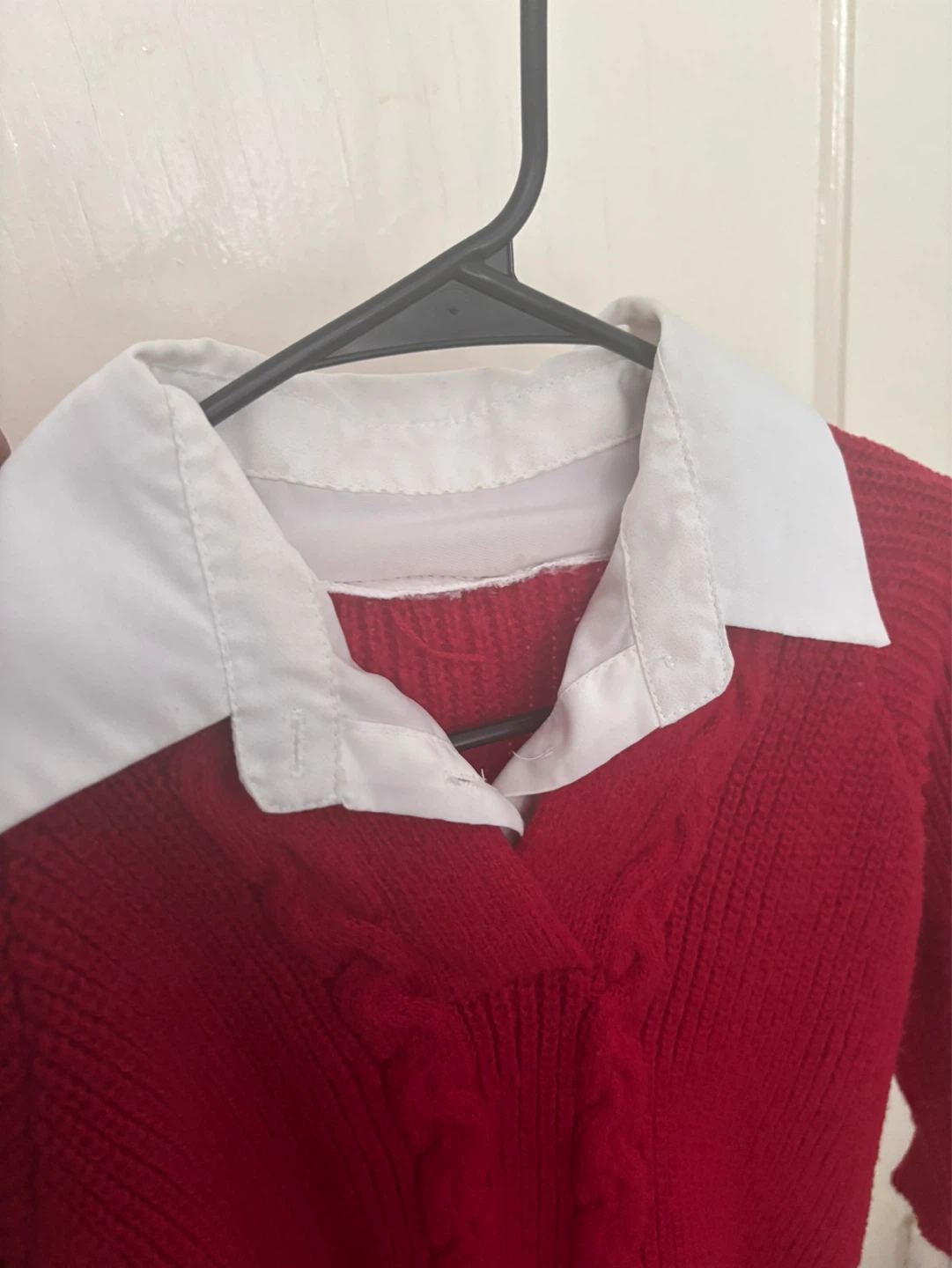 Red Cable Knit Sweater with White Collar - photo 5