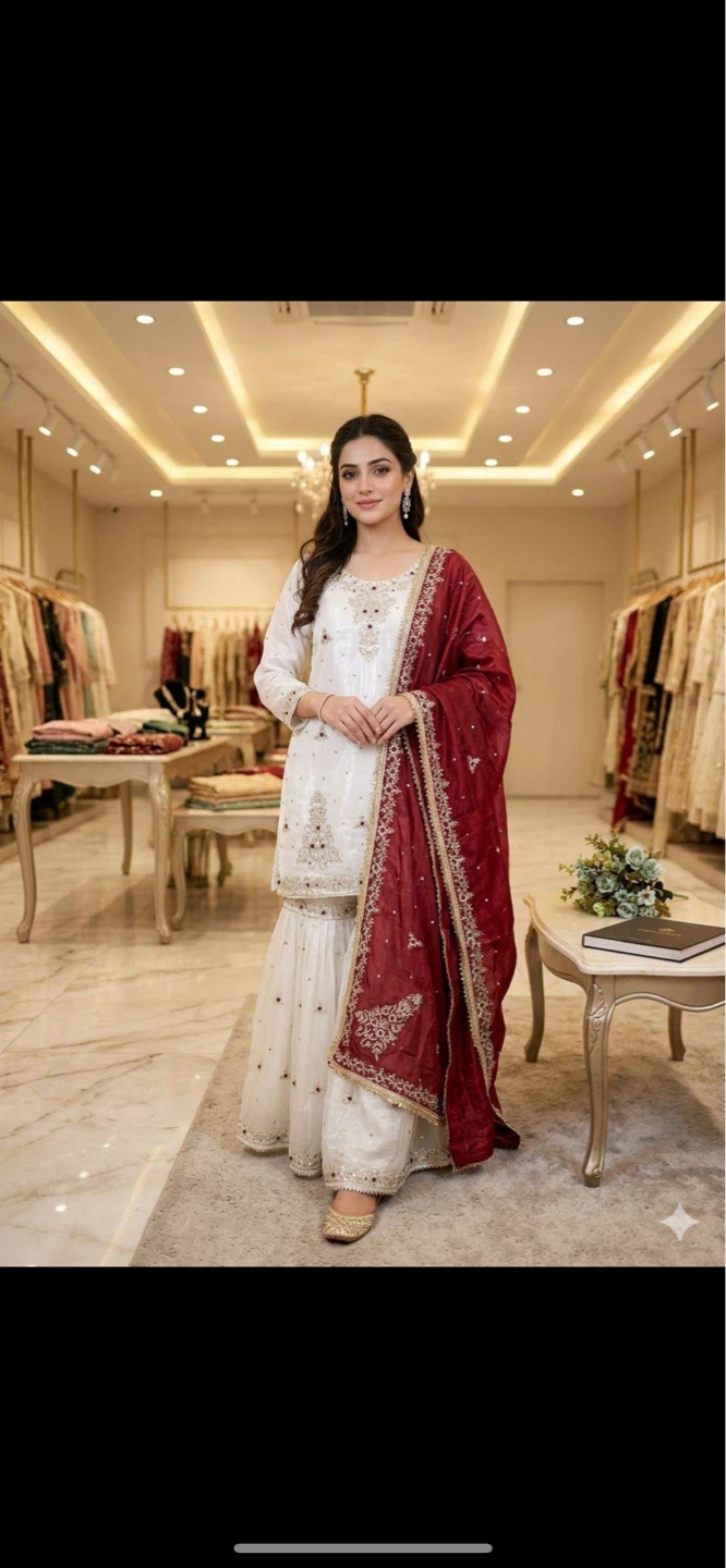 White Embroidered Kurti with Red Dupatta