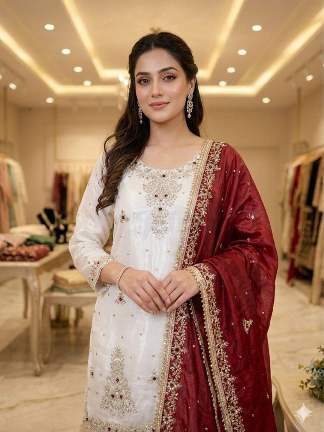 White Embroidered Kurti with Red Dupatta - photo 3