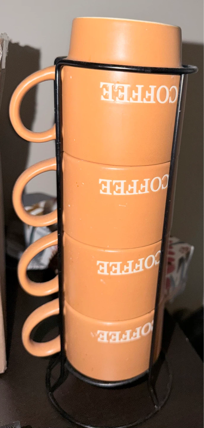 Set of 4 Orange "Coffee" Mugs with Rack