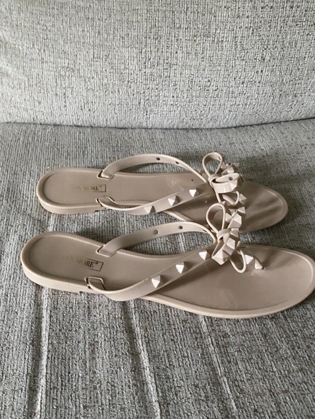 Anna More Nude Bow Studded Flip Flops