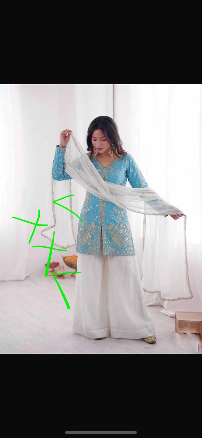 Blue Embroidered Kurti with White Palazzo Pants and Dupatta