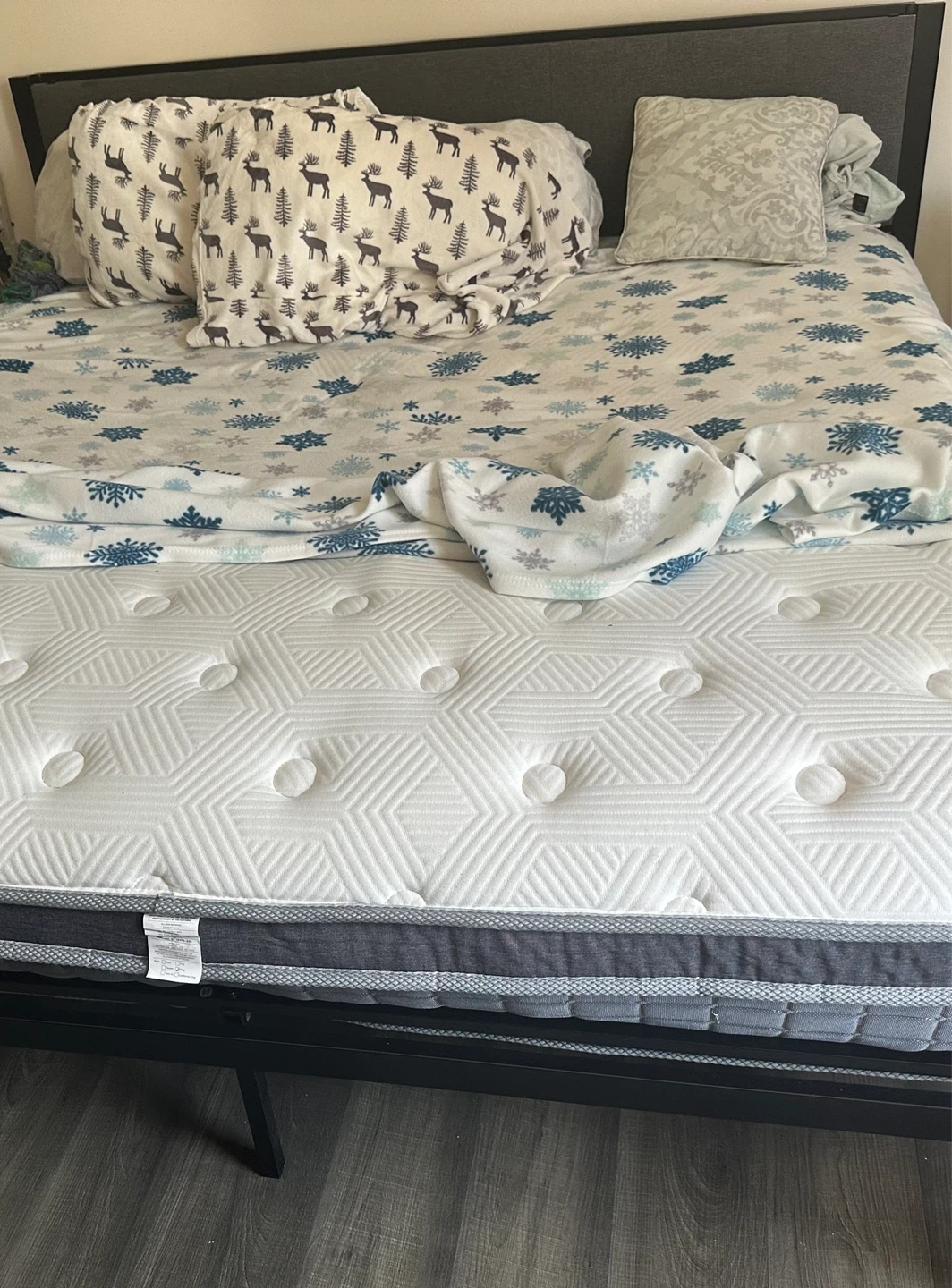 White King Size Metal Bed and Mattress with Geometric Pattern
