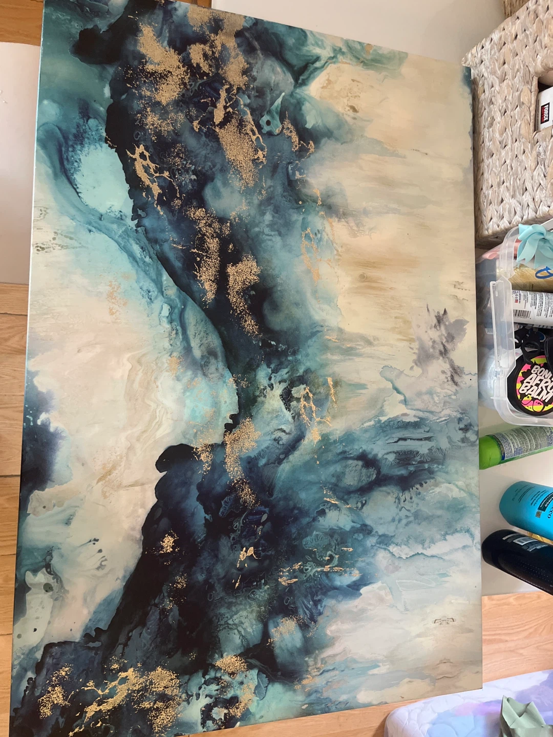 Abstract Ocean Wave Canvas Art with Gold Accents