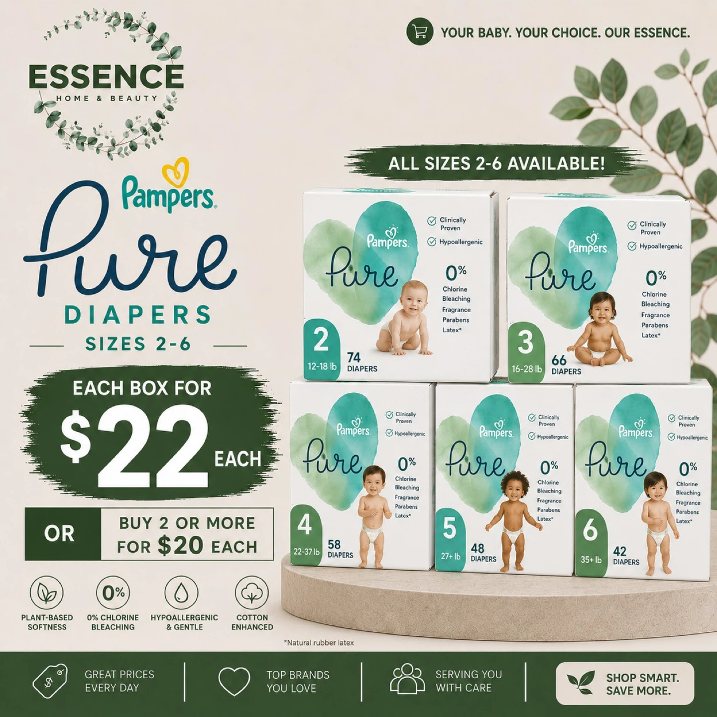 Pampers Pure Diapers Sizes 2-6