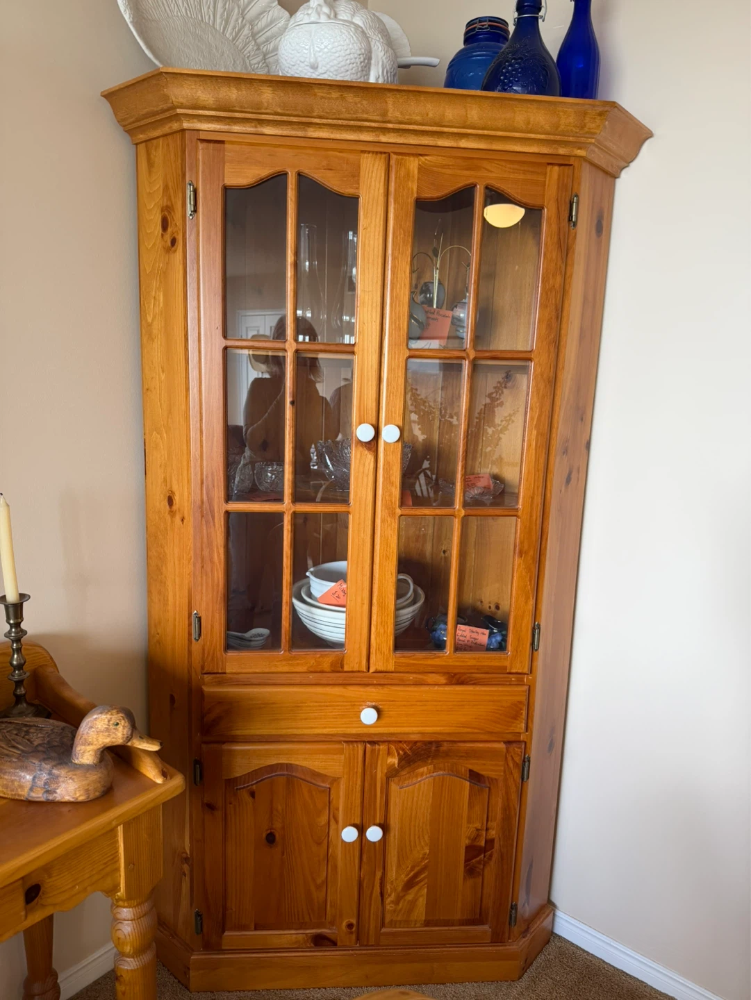Solid Pine Corner Cabinet with Glass Doors