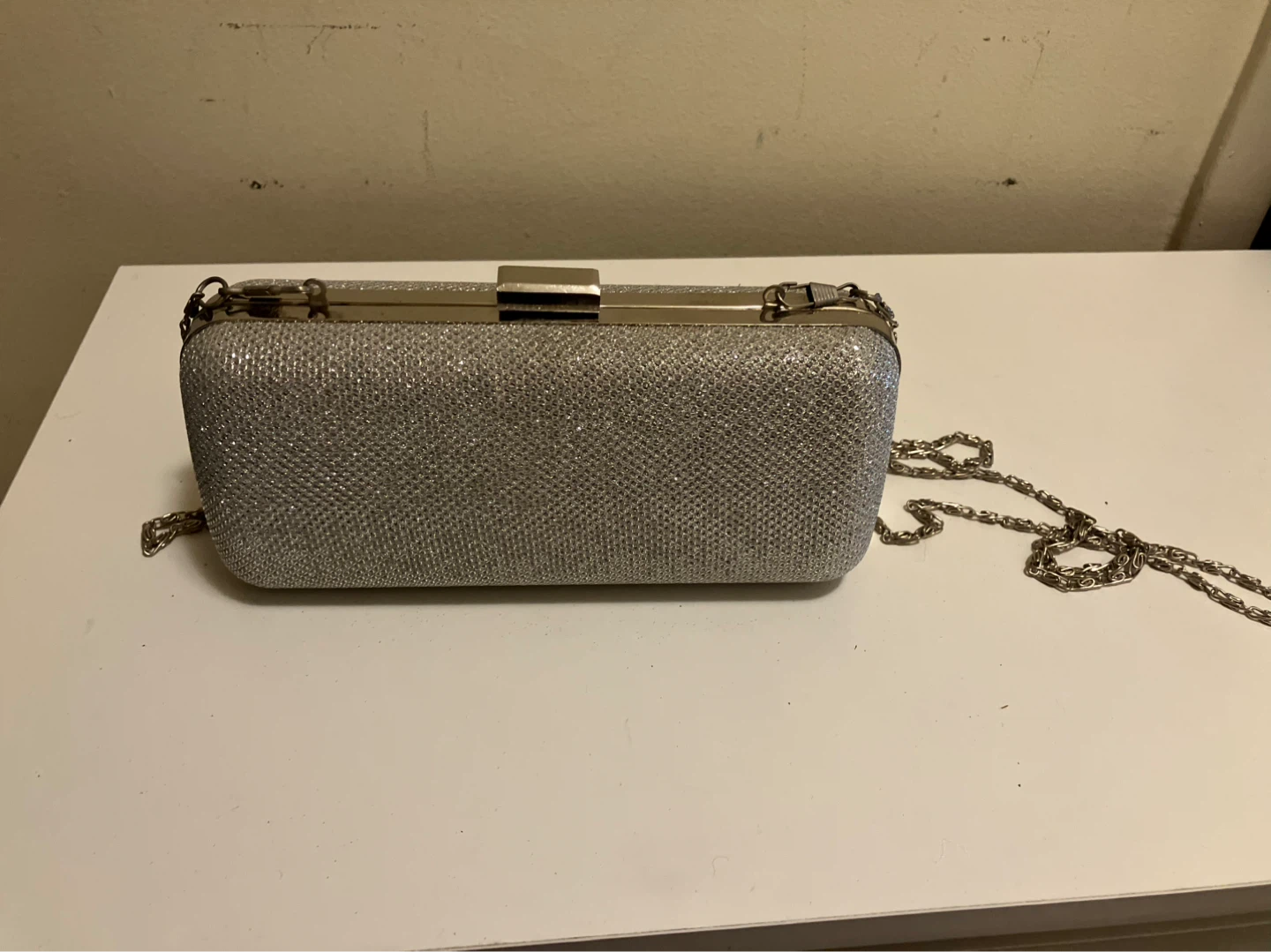 Silver Glitter Clutch with Chain Strap