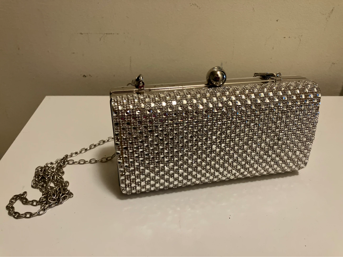 Silver Crystal Clutch Evening Bag with Chain