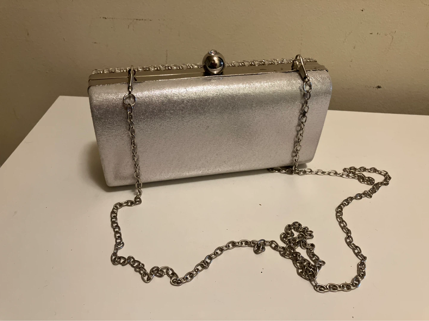 Silver Crystal Clutch Evening Bag with Chain - photo 2