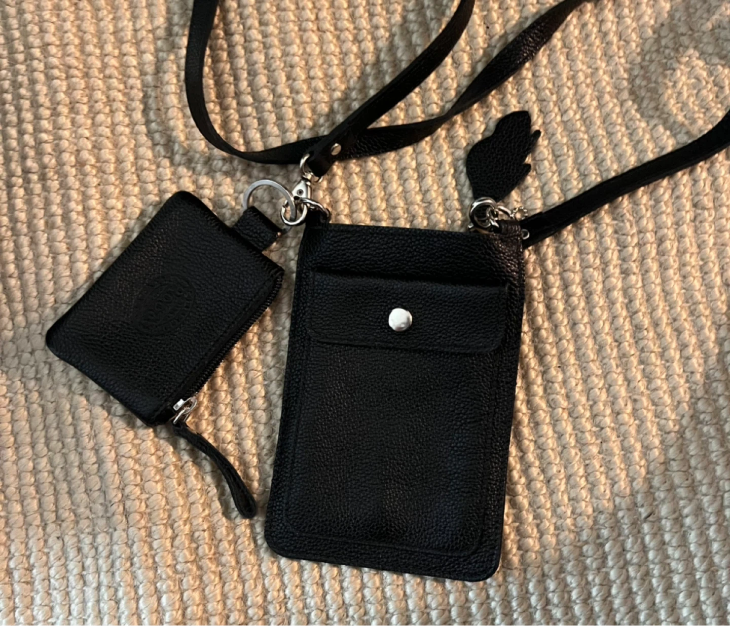Roots Black Leather Crossbody Phone Bag with Detachable Pouch
