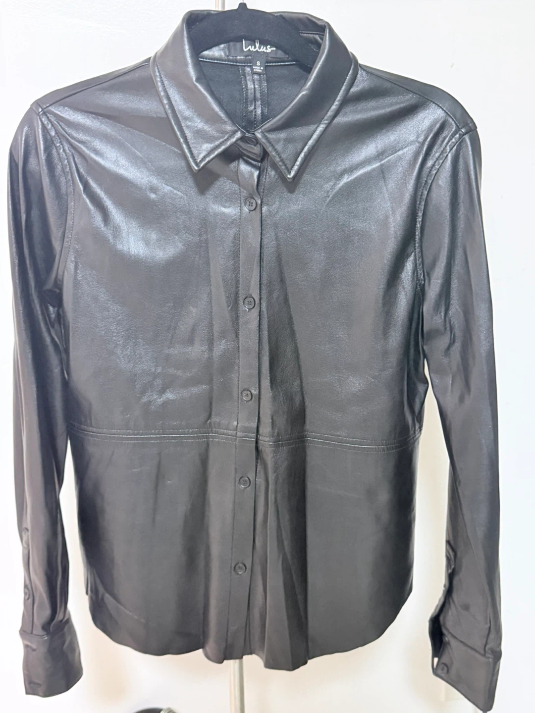 Lulus Black Faux Leather Button-Up Shirt - Size S
