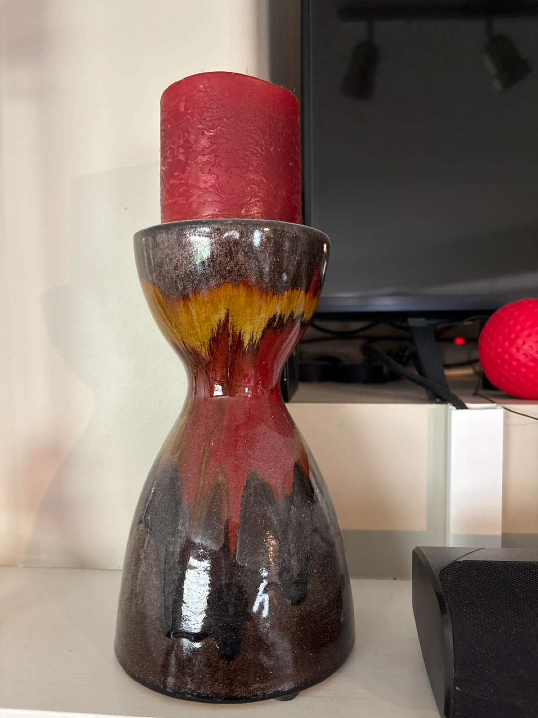 Ceramic Candle Holder with Red Pillar Candle