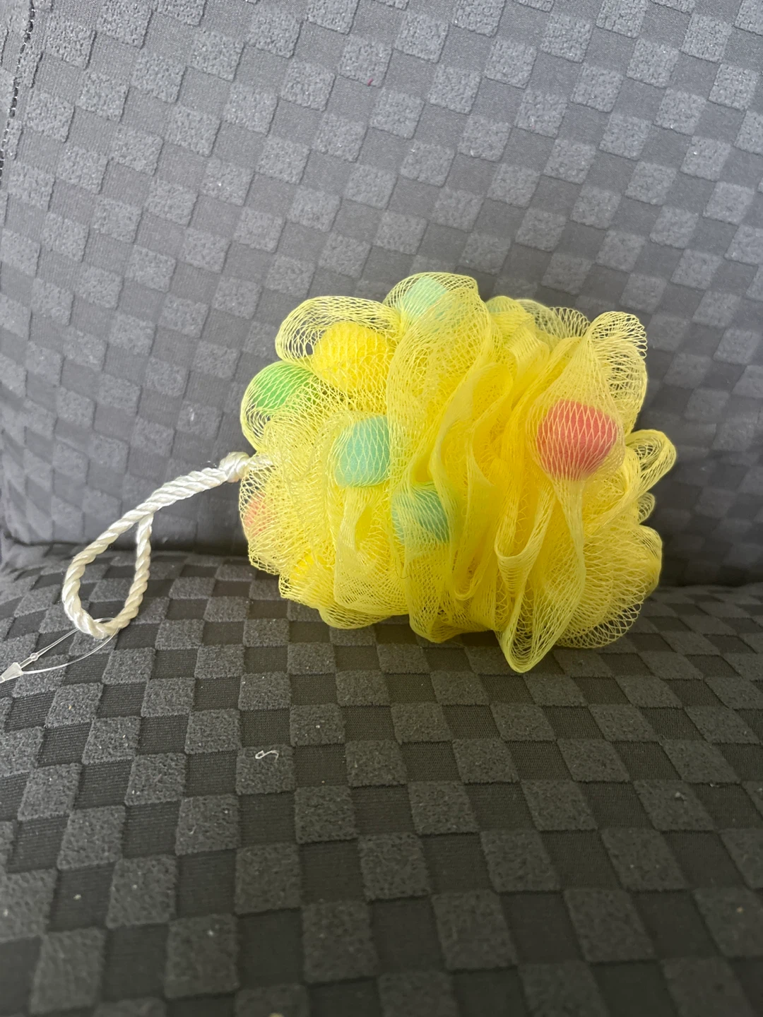 Yellow Mesh Pouf with Decorative Balls