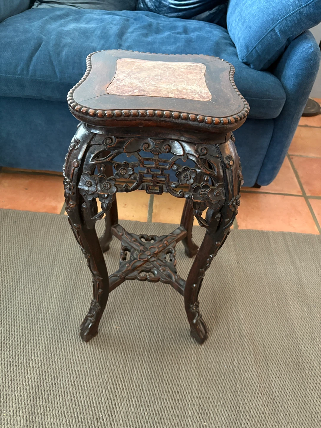 Plant Stand made of Ornate Carved Wood with a Marble Top