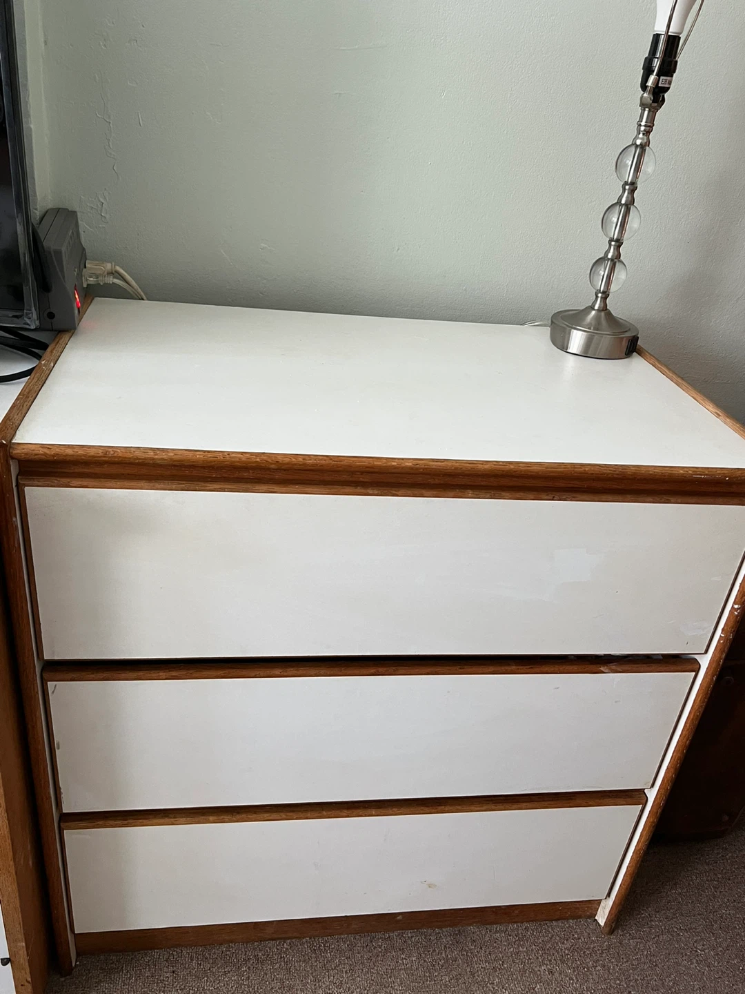 3 Drawer White Dresser with Wood Trim