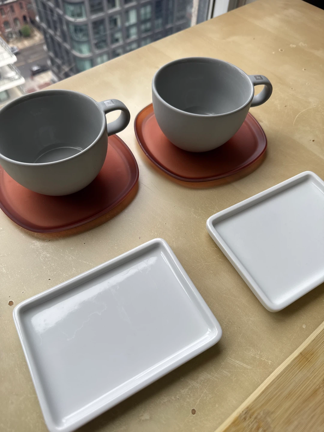 Grey Mugs with Translucent Orange Saucers and White Side Plates - photo 2
