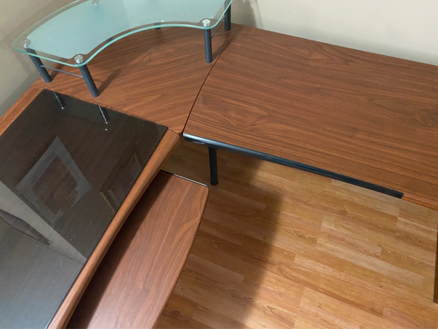 Corner Desk with Glass Top and Cherry Wood Finish