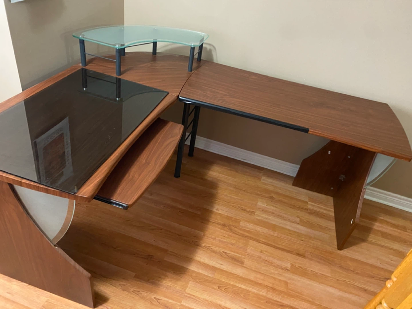 Corner Desk with Glass Top and Cherry Wood Finish - photo 3
