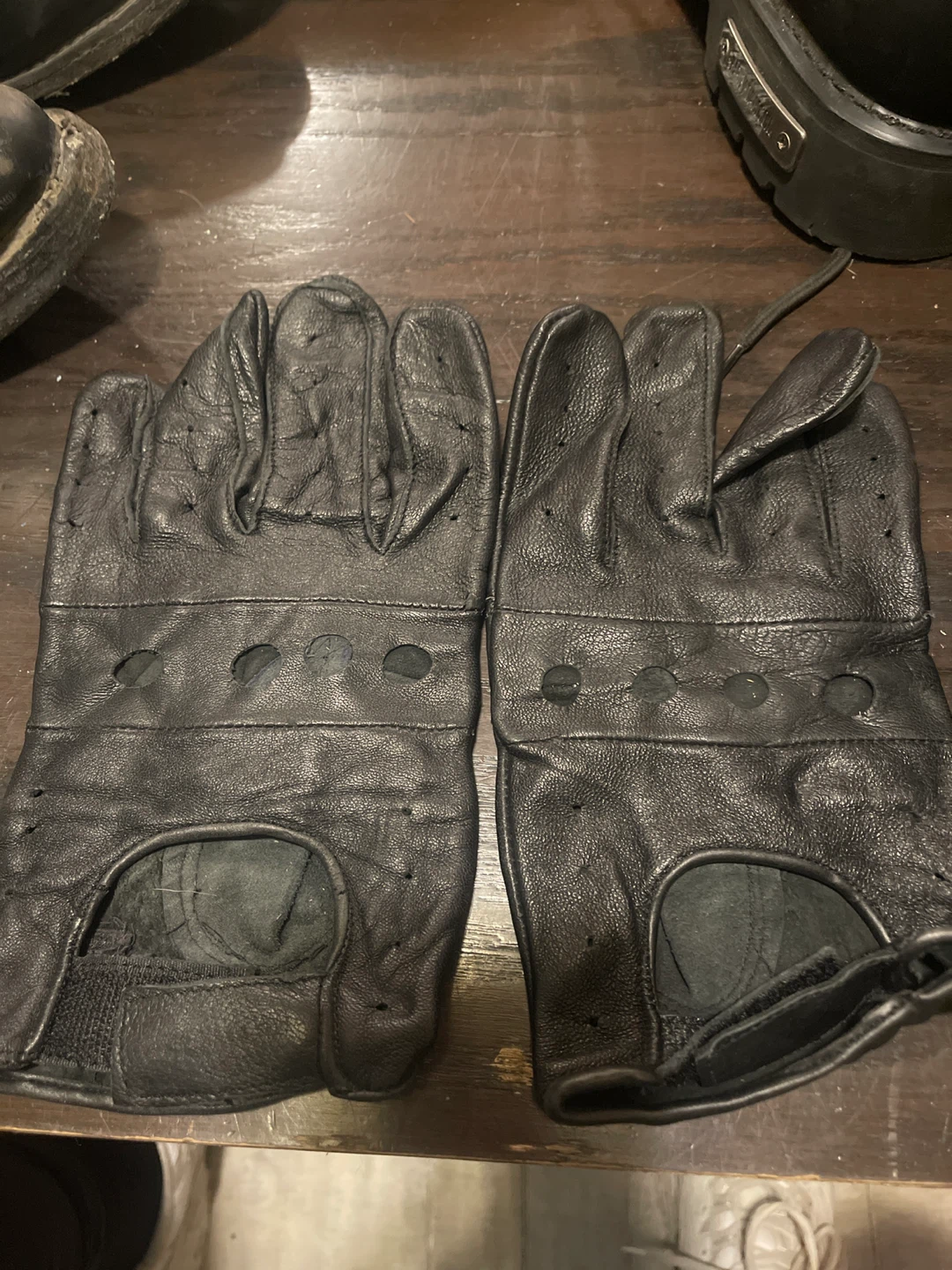Black Leather Fingerless Gloves - Size L