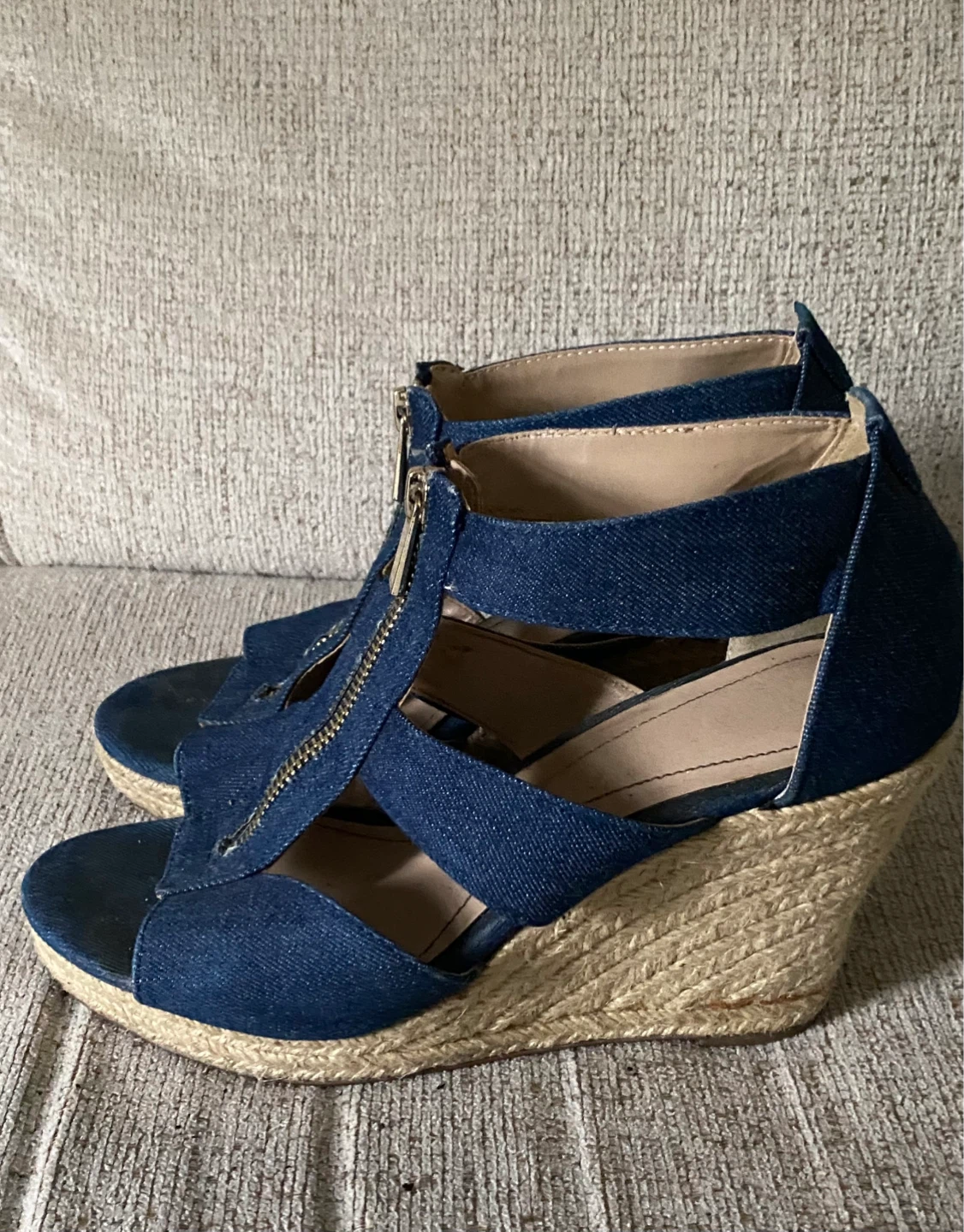 Denim Wedge Sandals with Zipper, Size 8 - photo 2