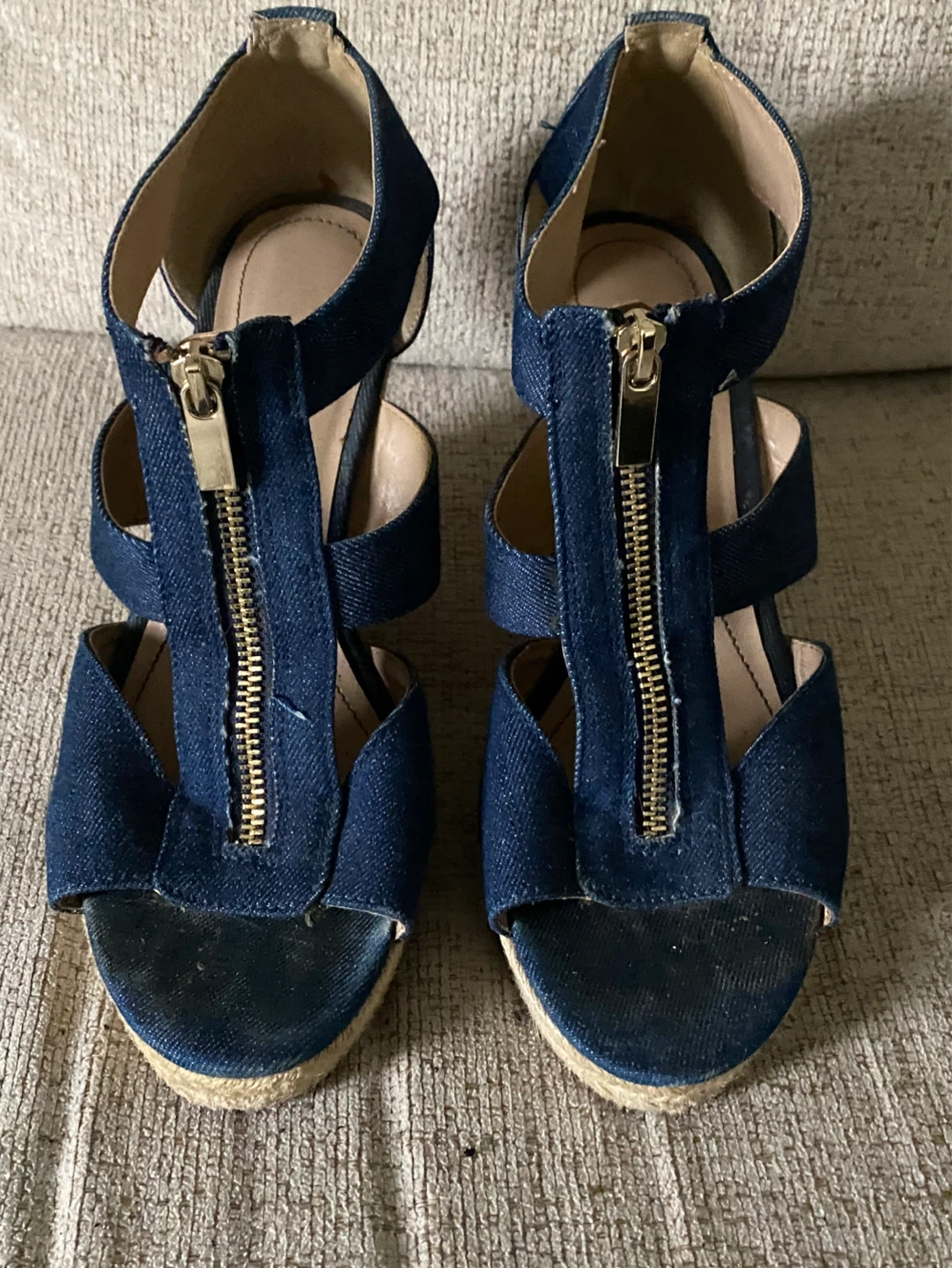 Denim Wedge Sandals with Zipper, Size 8 - photo 3