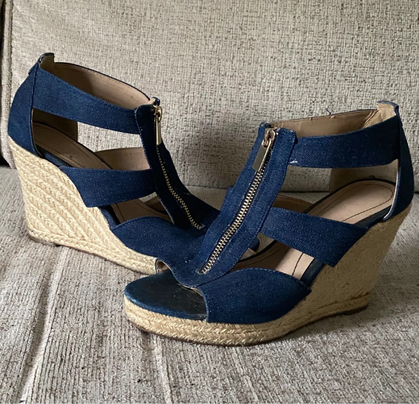 Denim Wedge Sandals with Zipper, Size 8