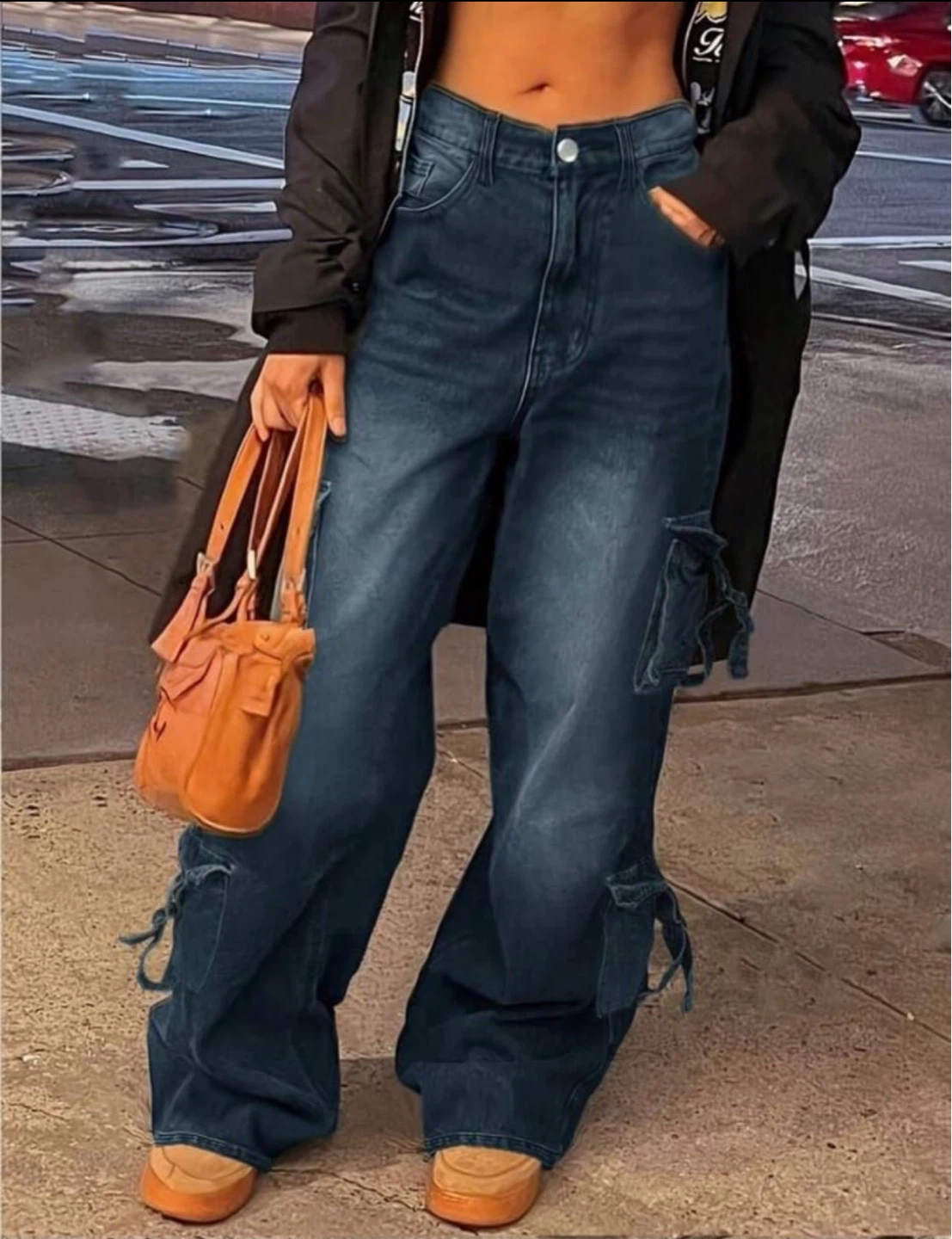 Women's Dark Wash Cargo Baggy Wide Leg Jeans