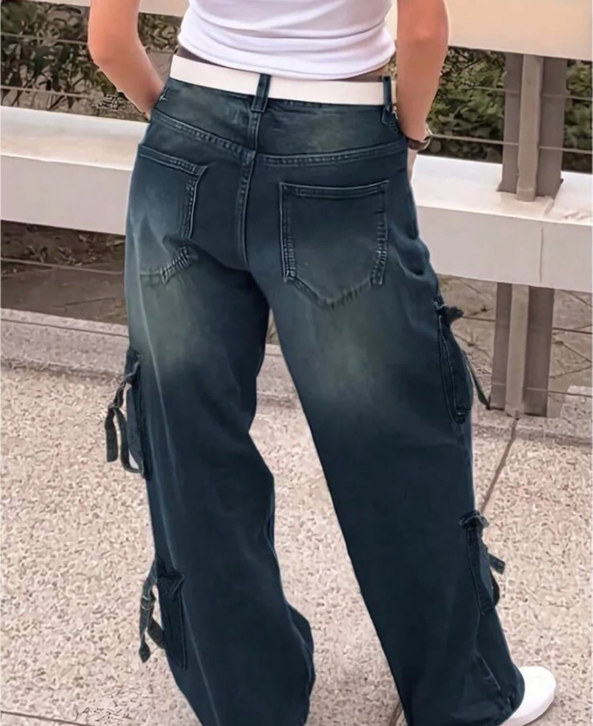 Women's Dark Wash Cargo Baggy Wide Leg Jeans - photo 2