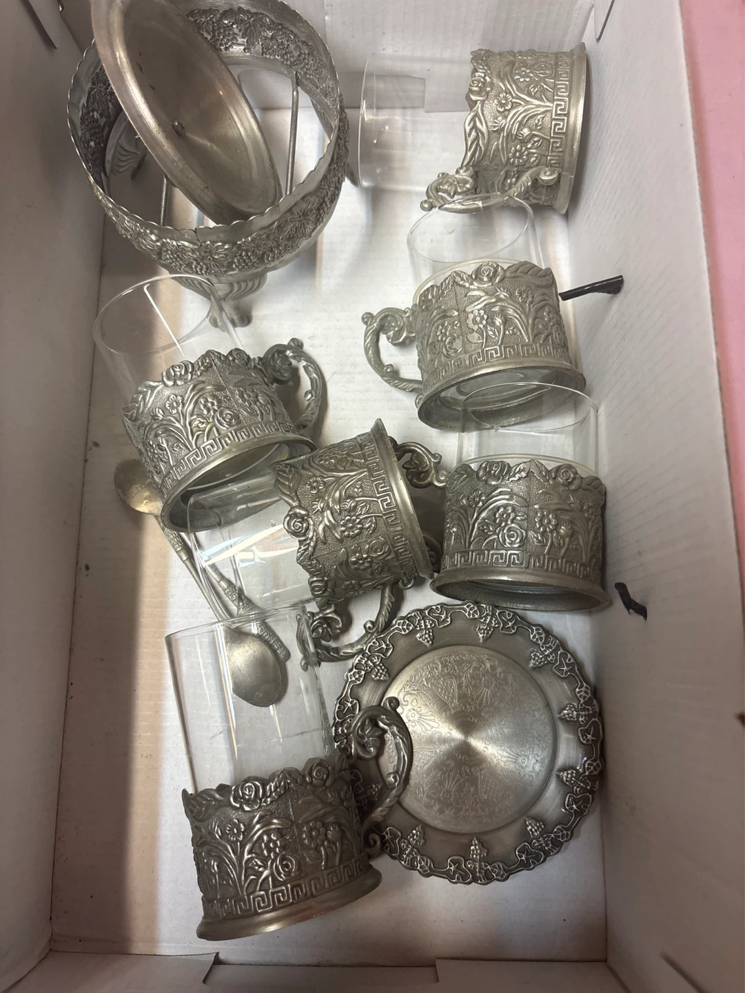 Set of Vintage Glass and Metal Tea/Coffee Holders with Spoons