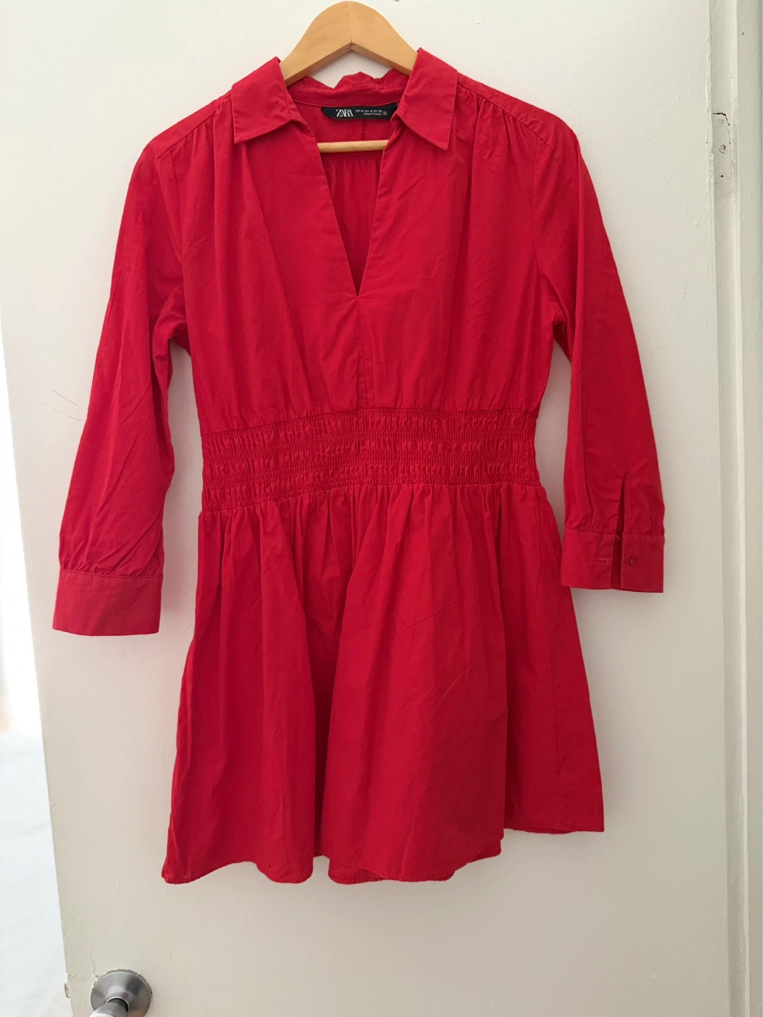Zara Red Shirt Dress with Smocked Waist