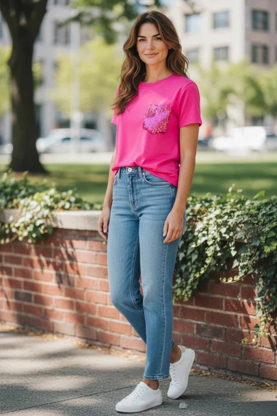 DKNY Pink Sequin Pocket T-Shirt Size S