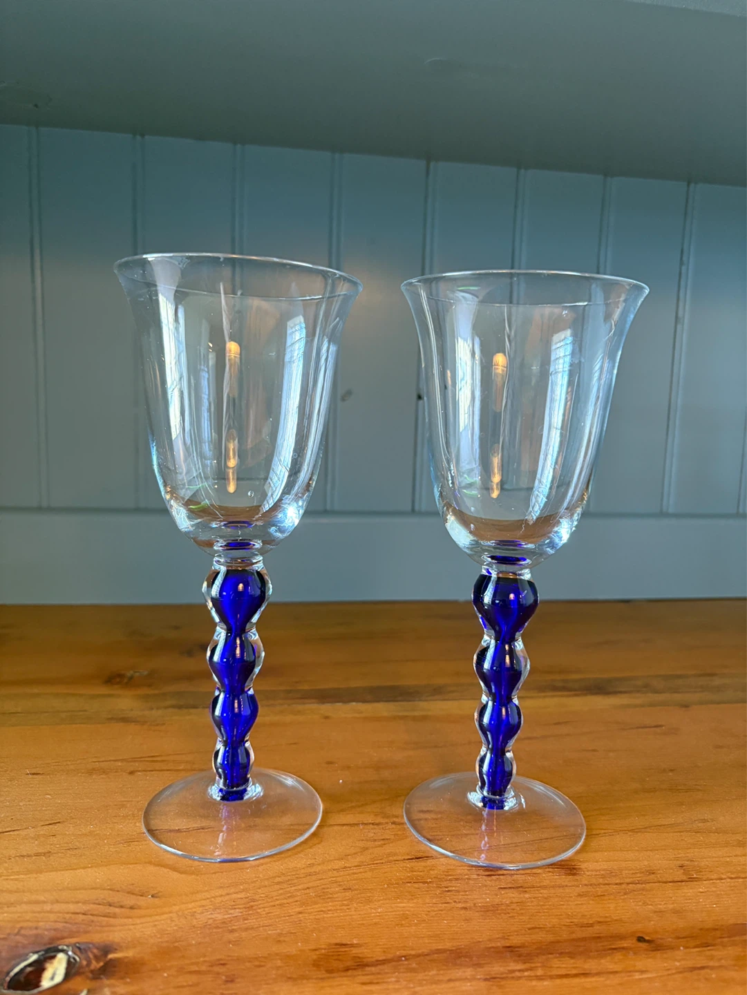 Pair of Clear Wine Glasses with Blue Beaded Stems