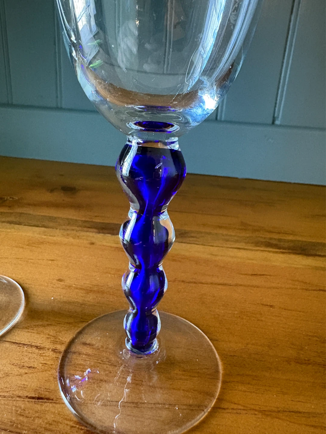 Pair of Clear Wine Glasses with Blue Beaded Stems - photo 2