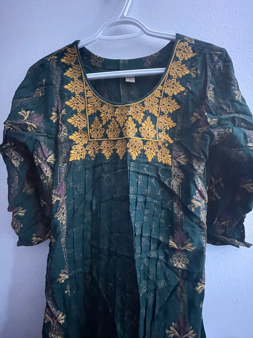 Green Embroidered Maxi Dress with Yellow Scarf