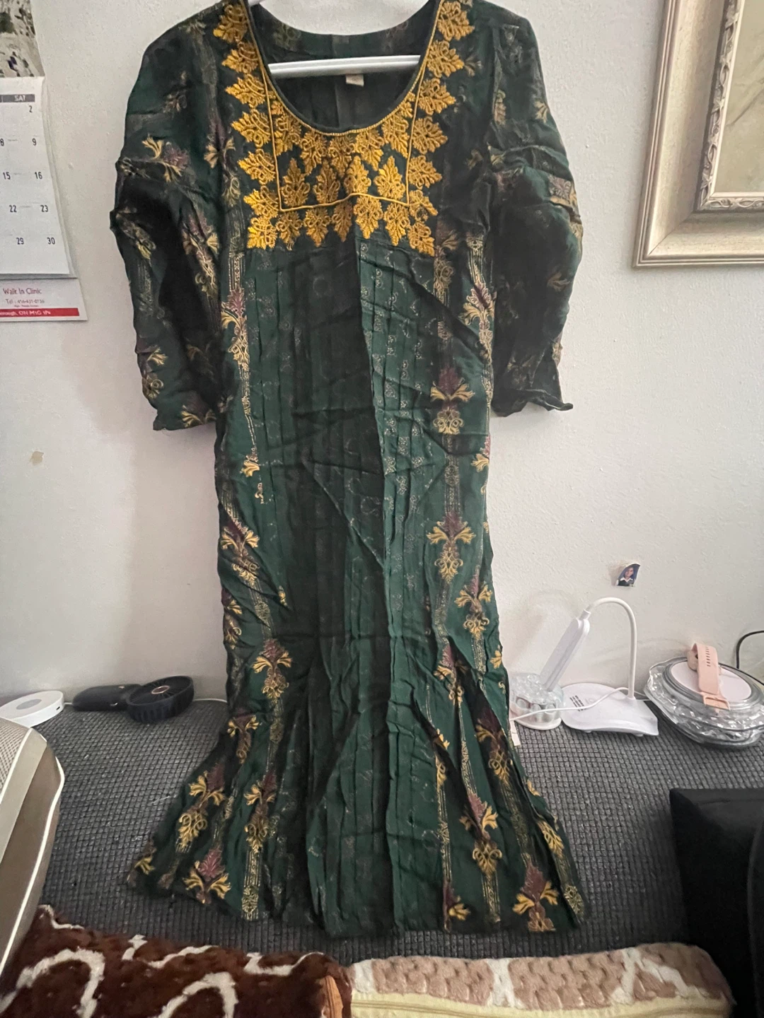 Green Embroidered Maxi Dress with Yellow Scarf - photo 2