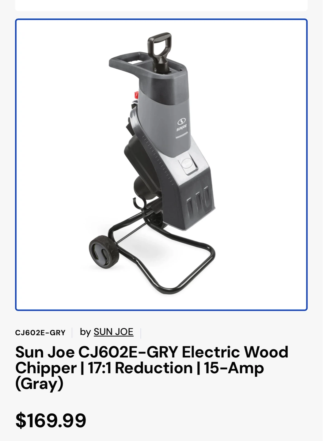 Sun Joe CJ602E-GRY Electric Wood Chipper - 15-Amp (Gray)