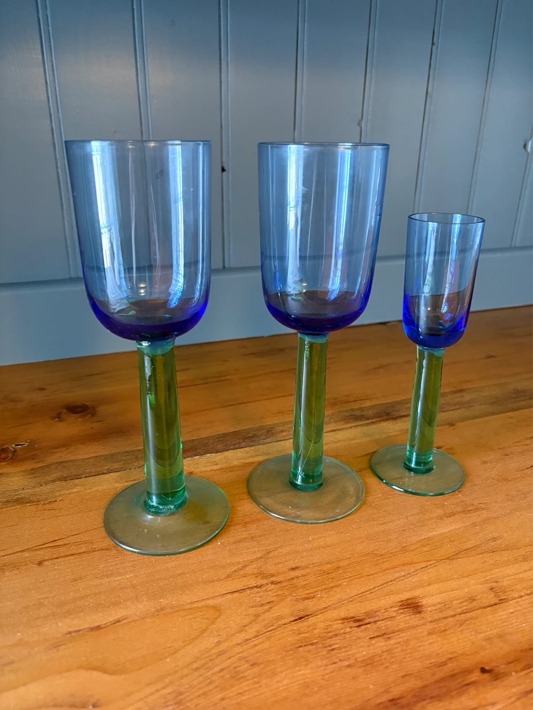 Set of 3 Blue Glass Stemware Glasses
